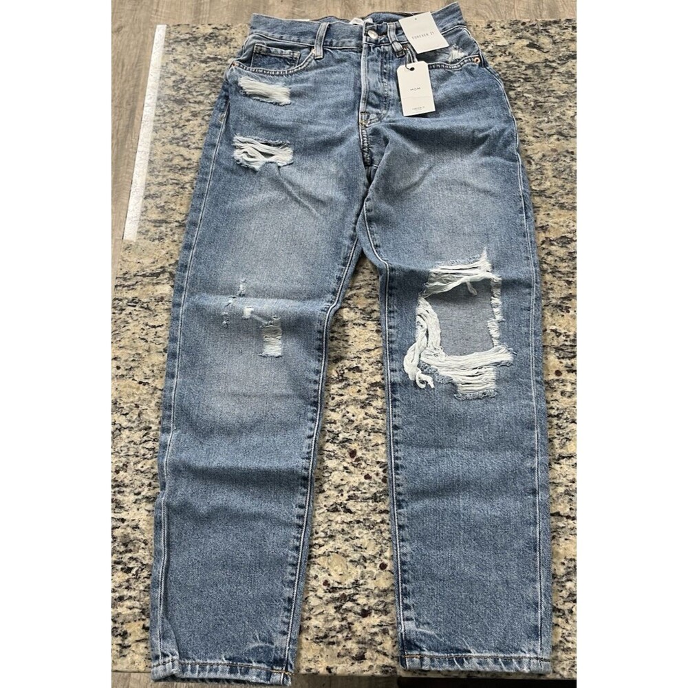 NWT Forever 21 High-Rise Jeans Faded Wash Ripped Size 24 Button Up NEW
